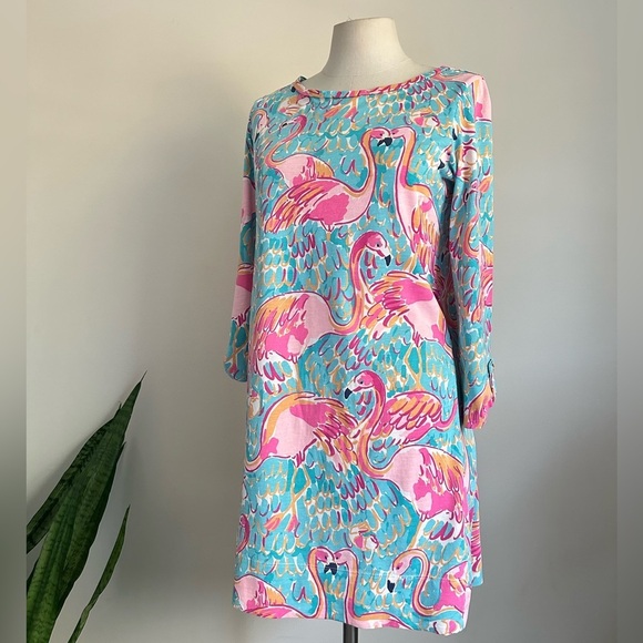 Lilly Pulitzer SWEET FLAMINGO Shift Dress Pima Cotton Tropical sz Sm 3/4 Sleeve - Picture 2 of 7
